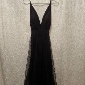 Black Sequin Low-cut Dress with Double Slit on Inner lining